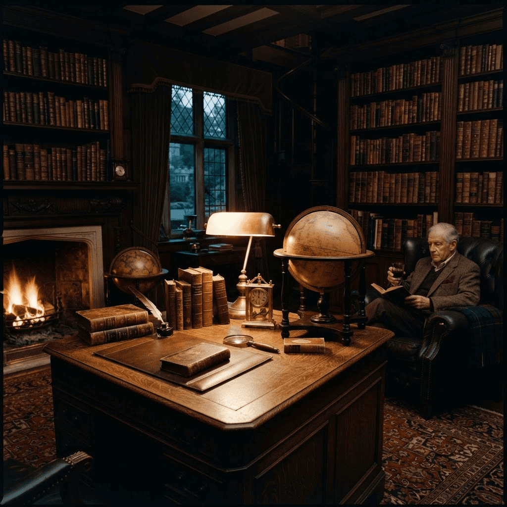 Elegant dark library study with leather-bound books