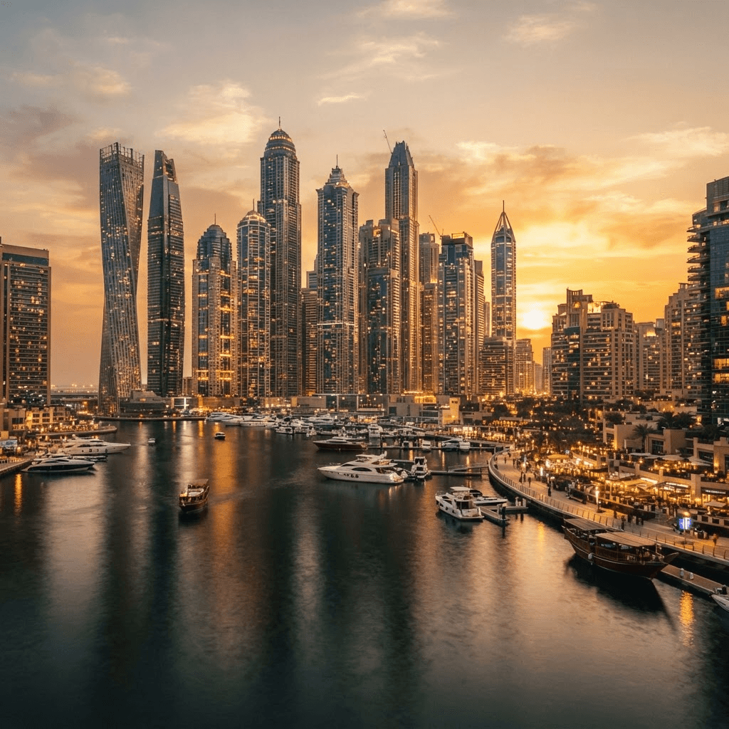 Dubai skyline at golden hour