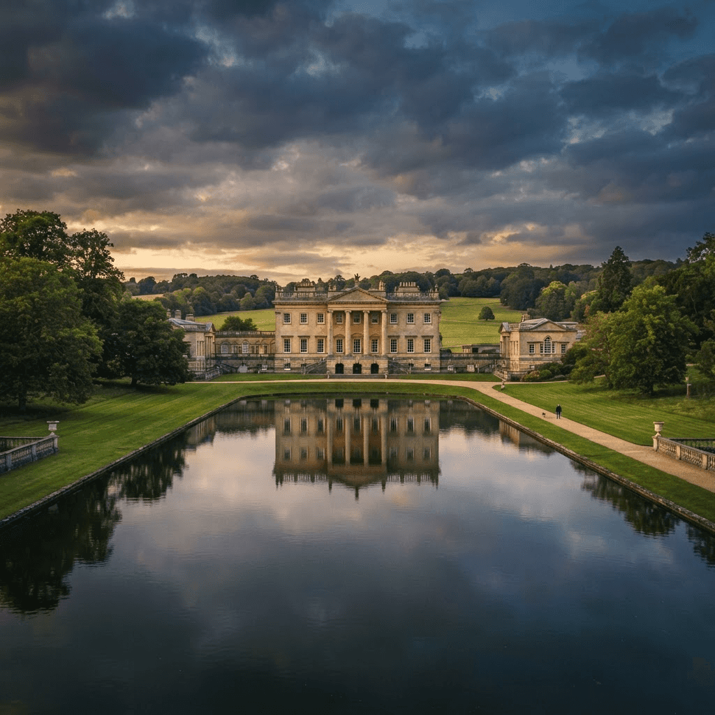 A grand English stately home at dusk, reflected in still water