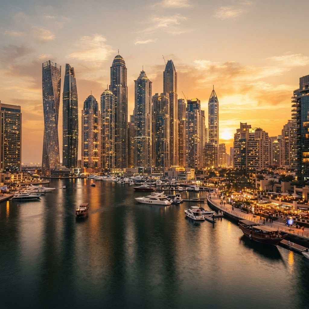 Dubai marina skyline at golden hour