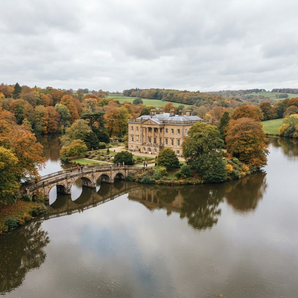 Walton Hall on its island lake, ancestral English setting